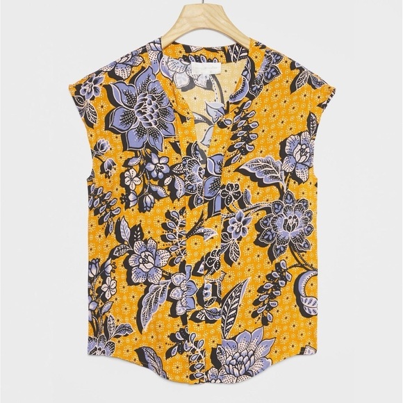 Anthropologie Corey Lynn Calter Mustard Gold Purple Floral Cap Sleeve Gia Blouse - Picture 1 of 5